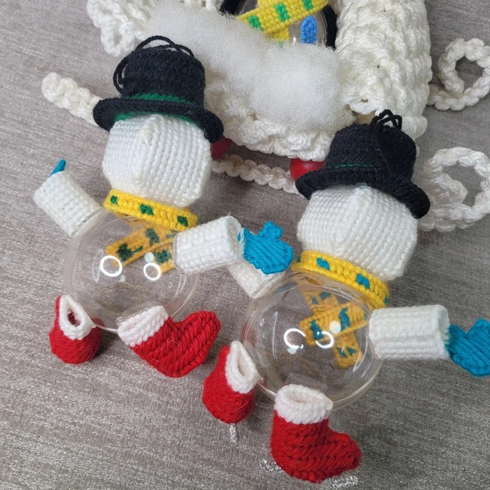 Vintage Handmade Plastic Canvas Snowman Penguin Sleigh Christmas Ornaments 4pc